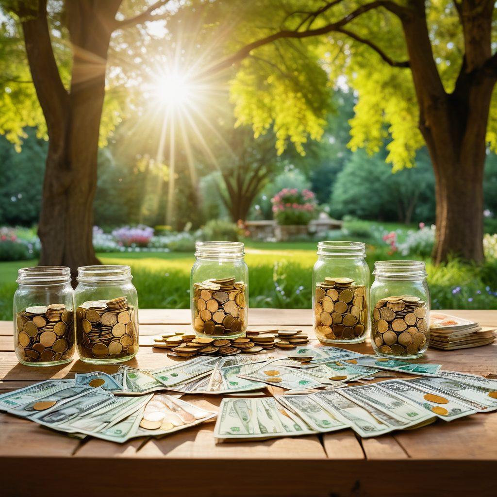 A serene landscape featuring a blooming garden filled with golden coins and dollar bills, symbolizing the growth of wealth through thoughtful financial strategies. In the foreground, a diverse group of people joyfully exchanging ideas over a picnic table stacked with financial guides and tools, representing community support for financial independence. Soft sunlight filters through the trees, creating a warm, inviting atmosphere. super-realistic. vibrant colors. bright background.