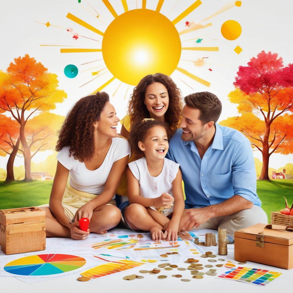 A vibrant scene depicting a joyful family at a picnic, surrounded by colorful charts and graphs symbolizing budgeting and investment opportunities, with a bright sun shining above. Include a hidden treasure chest overflowing with coins and financial documents nearby, representing financial growth. The mood is optimistic and playful, emphasizing a cheerful future. super-realistic. vibrant colors. white background.