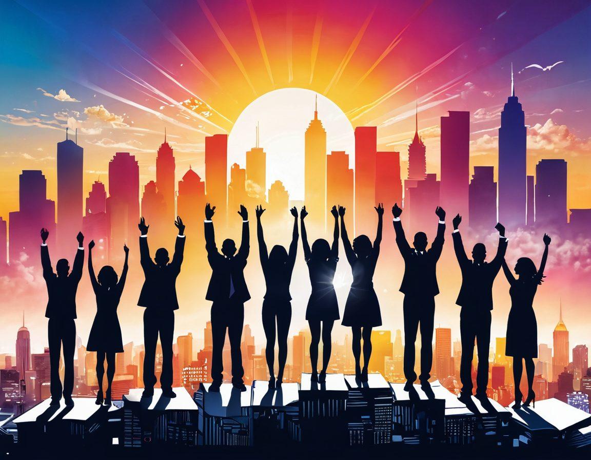 A vibrant visual representation of personal transformation, featuring a diverse group of individuals celebrating financial success. They are surrounded by symbols of wealth empowerment such as rising graphs, golden coins, and open books of strategies. The backdrop includes a bright sun rising over a city skyline, symbolizing new beginnings and opportunities. The colors are warm and inviting, radiating positivity and motivation. super-realistic. vibrant colors. white background.